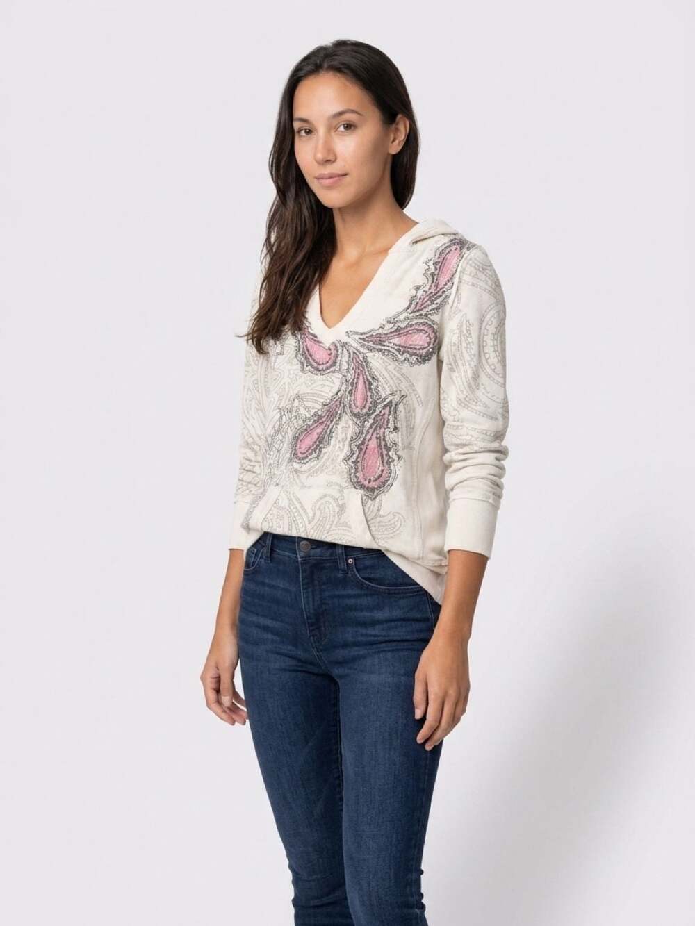 Dressbarn Paisley Print V-Neck Long Sleeve Hoodie Sweatshirt Size Large